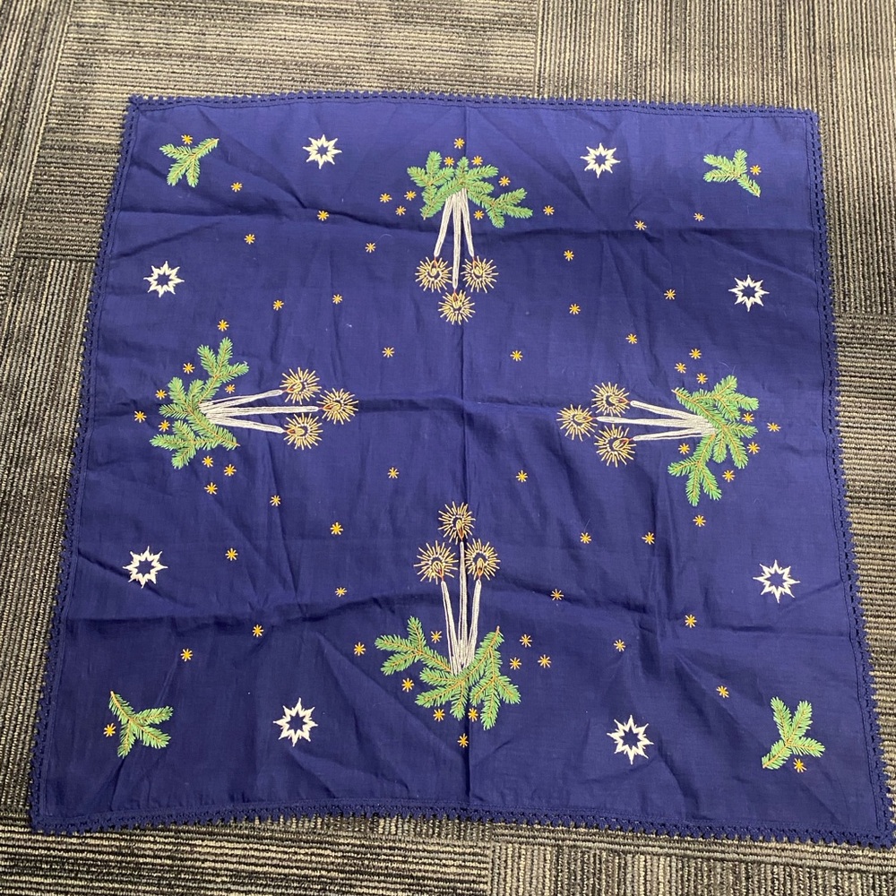 Vintage Handmade Embroidered Needlepoint Christmas Doily Blue Gold Candles 34x34
